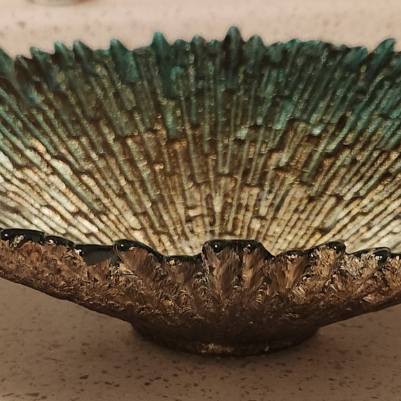 🦋Beautiful Sunburst Glass Accent Bowl Glossy Teal Gold Silver - Picture 5 of 15